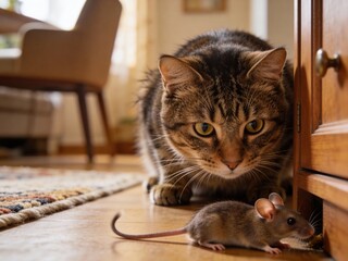 A predatory tabby cat stalks a tiny house mouse on a sunlit wooden floor near furniture.