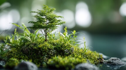 Delicate bonsai tree flourishing atop a mossy knoll, vibrant green hues