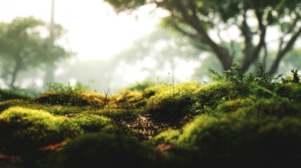 Enchanting Forest Floor: Mossy Terrain under a Soft, Misty Canopy