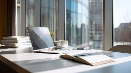 Workspace at Home with Laptop, Book, Coffee, and City View in Sunlight
