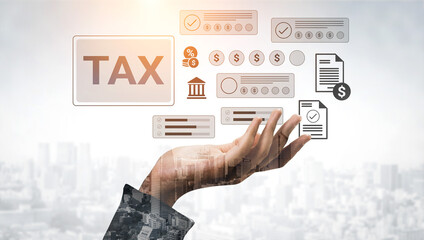 A conceptual image of a hand reaching out with various tax-related icons and documents floating above it, set against a blurred city landscape to symbolize business finance. Gantry