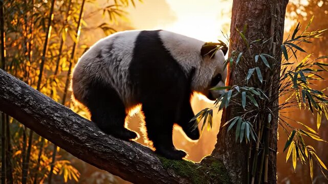 A panda climbs a tree, moving gracefully amidst the bamboo as the sun sets behind it. The panda explores its environment, showcasing its natural habitat and gentle demeanor.