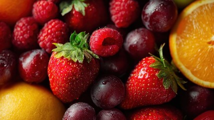 Obraz premium Vibrant Assortment of Fresh Fruits: Strawberries, Raspberries, Grapes and Citrus
