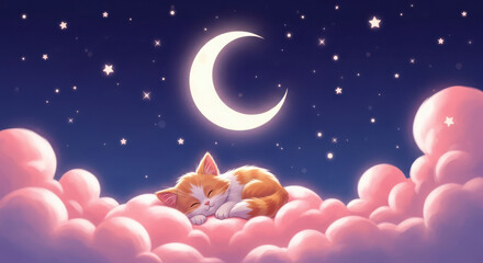 Sleeping Orange Cat on Pink Clouds with Crescent Moon and Stars Night Sky