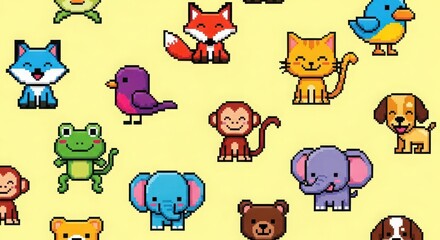 Cute Pixel Animal Characters on Yellow Background Repeating Pattern