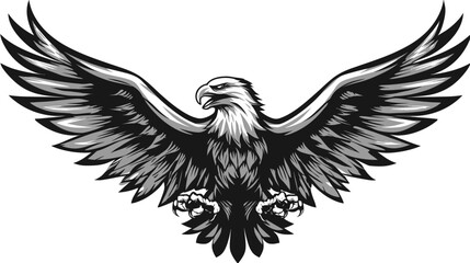 Obraz premium Majestic soaring eagle with outstretched wings, detailed black and white illustration, fierce raptor design, powerful bird of prey artwork.