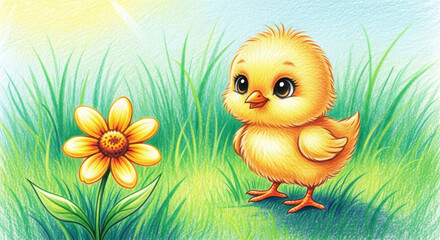 Cute Yellow Chick with Flower in Grassy Field Sunny Day
