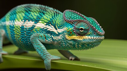 Obraz premium Striking Panther Chameleon on Green Leaf, Vibrant Reptile Wildlife Portrait, Exotic Pet Animal Close-up.