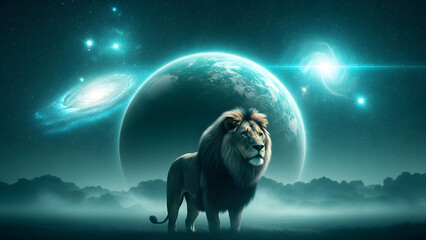 Lion observing cosmic scene, artistic representation of planet and galaxies. Suitable for spacethemed designs, unique art projects, and science concepts.