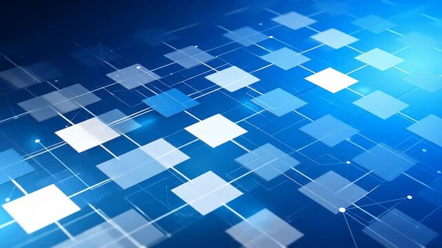 Abstract blue background with a network of connected squares and lines representing digital technology and data flow