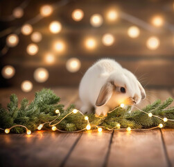 The rabbit is depicted playing with a garland on spruce branches in warm lighting.