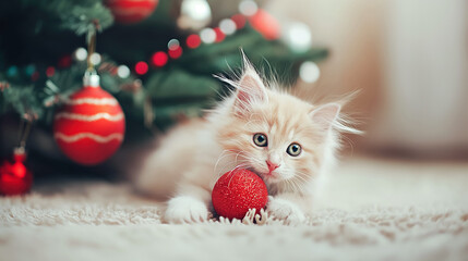 The kitten is depicted playing with a red Christmas ball next to the Christmas tree
