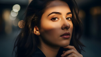 Portrait of a womans face with natural lighting creating dramatic shadow and highlight contrast. Suitable for beauty, wellness, and skincare branding.