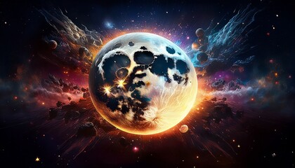 exploding moon cosmic explosion dark background artistic rendition possible use in space themed designs