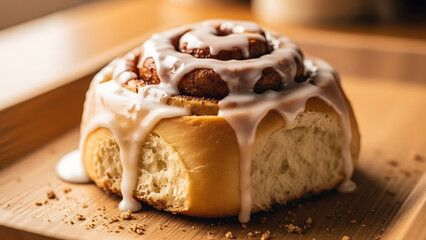 Cinnamon Roll Glazed Pastry on Wooden Board