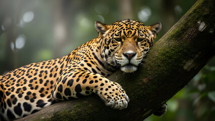 Jaguar resting on tree limb in jungle. Suitable for wildlife, nature, travel concepts, and educational materials, brochures, and websites.
