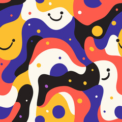 Seamless abstract patterns with bold colors and playful smiley faces. Groovy shapes, retro vibes, and trippy doodles create vibrant, happy, and eye-catching backgrounds.
