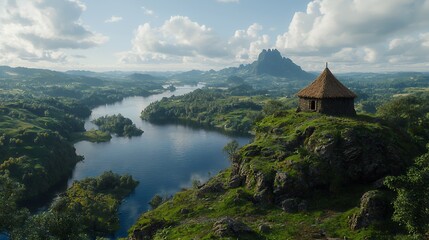 Serene Hut on Clifftop Overlooking Tranquil River Valley