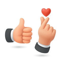 Vector 3d Like and Love Hands. Like and Love Hands. Thumbs Up and Finger Heart Gesture with Red Heart Icon. Social Media Reaction Symbol, Isolated