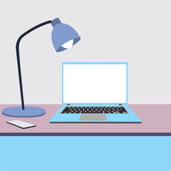 laptop computer with blank empty display screen for copy space on workplace, vector flat illustration