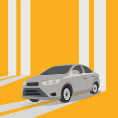 Modern sedan car driving on a striped road with a bold yellow background, presented in a clean flat vector illustration style