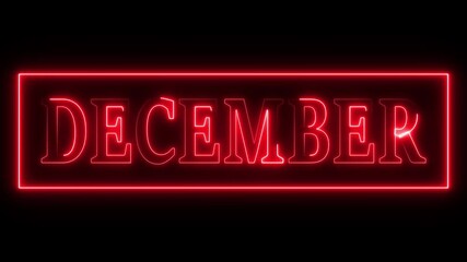 Animation of glowing neon shine month name DECEMBER text icon animation on black background. 4k neon creative video motion graphic