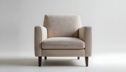 Fototapeta premium Elegant beige armchair with dark wooden legs in modern minimalist setting