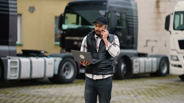 Truck driver managing logistics with laptop and smartphone