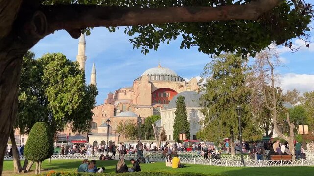 Public park behind Hagia Sophia (Ayasofya) at Sultanahmet District in Istanbul, Turkey.  (4K video)