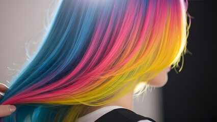 Rainbow hair woman photo for beauty blogs, hair salons, lgbtq pride material, and fashion magazines. Perfect stock photo.