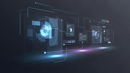 Futuristic technology interface with glowing blue circuits and data visualization screens