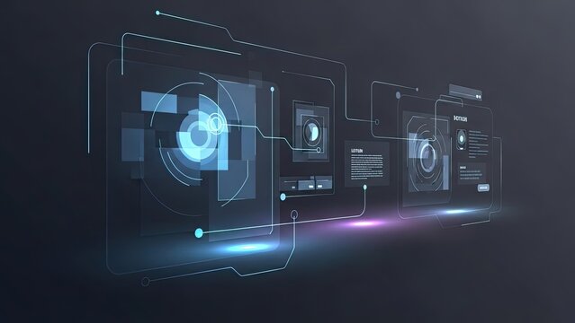 Futuristic technology interface with glowing blue circuits and data visualization screens - Powered by Adobe