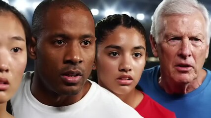 A diverse group of focused individuals intensely watches an event, their faces reflecting a mix of anticipation and concern within a vibrant stadium setting