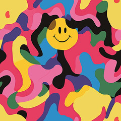 Playful seamless pattern with colorful abstract shapes and smiley faces. Groovy, vibrant, and cheerful design perfect for textiles, wallpapers, branding, and kids' products.