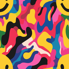 Playful seamless pattern with colorful abstract shapes and smiley faces. Groovy, vibrant, and cheerful design perfect for textiles, wallpapers, branding, and kids' products.