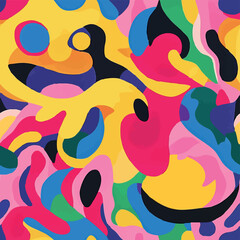 Playful seamless pattern with colorful abstract shapes and smiley faces. Groovy, vibrant, and cheerful design perfect for textiles, wallpapers, branding, and kids' products.