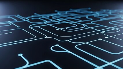 Glowing blue circuit board design with intricate pathways and connections