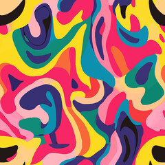 Playful seamless pattern with colorful abstract shapes and smiley faces. Groovy, vibrant, and cheerful design perfect for textiles, wallpapers, branding, and kids' products.