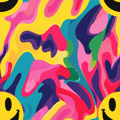 Playful seamless pattern with colorful abstract shapes and smiley faces. Groovy, vibrant, and cheerful design perfect for textiles, wallpapers, branding, and kids' products.