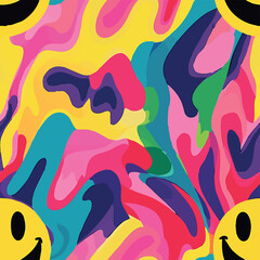 Playful seamless pattern with colorful abstract shapes and smiley faces. Groovy, vibrant, and cheerful design perfect for textiles, wallpapers, branding, and kids' products.