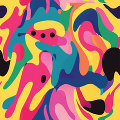 Playful seamless pattern with colorful abstract shapes and smiley faces. Groovy, vibrant, and cheerful design perfect for textiles, wallpapers, branding, and kids' products.