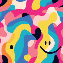 Playful seamless pattern with colorful abstract shapes and smiley faces. Groovy, vibrant, and cheerful design perfect for textiles, wallpapers, branding, and kids' products.