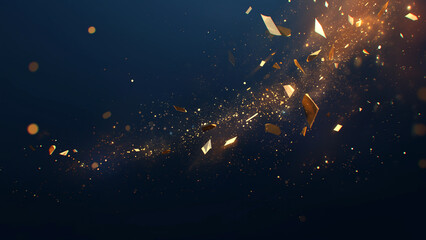 Naklejka premium Golden confetti or fragments flying on dark blue background