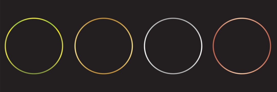 Gold, silver and bronze circle thin frames. Blank metal ring, button, stamp, emblem, sticker, label. First, second and third place medals isolated on black background. Abstract vector illustration set