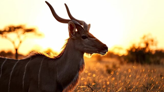A magnificent kudu stands gracefully in golden grass as the sun sets behind it, creating a warm atmosphere. The kudu and sunset highlight the beauty of wildlife in nature.