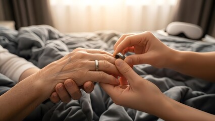 Elderly and Young Hands Adjusting Biometric Sleep Tracker in Morning Light