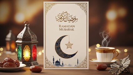A serene Ramadan celebration with a crescent moon, lantern, and steaming coffee cup on a wooden table.