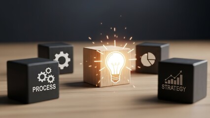 A lightbulb emerges from a wooden cube surrounded by process and strategy blocks on a table