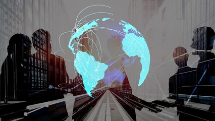 Global network connection visualization showing data exchange, digital link, worldwide communication. Global data flow and digital network infrastructure connecting regions around the world. Thunk