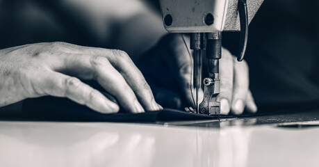 a man at work on a sewing machine. without a face.	